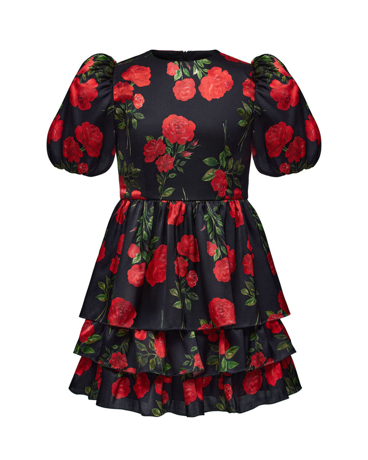 FIFI, CHILDREN’S DRESS BLACK WITH RED ROSE PRINT