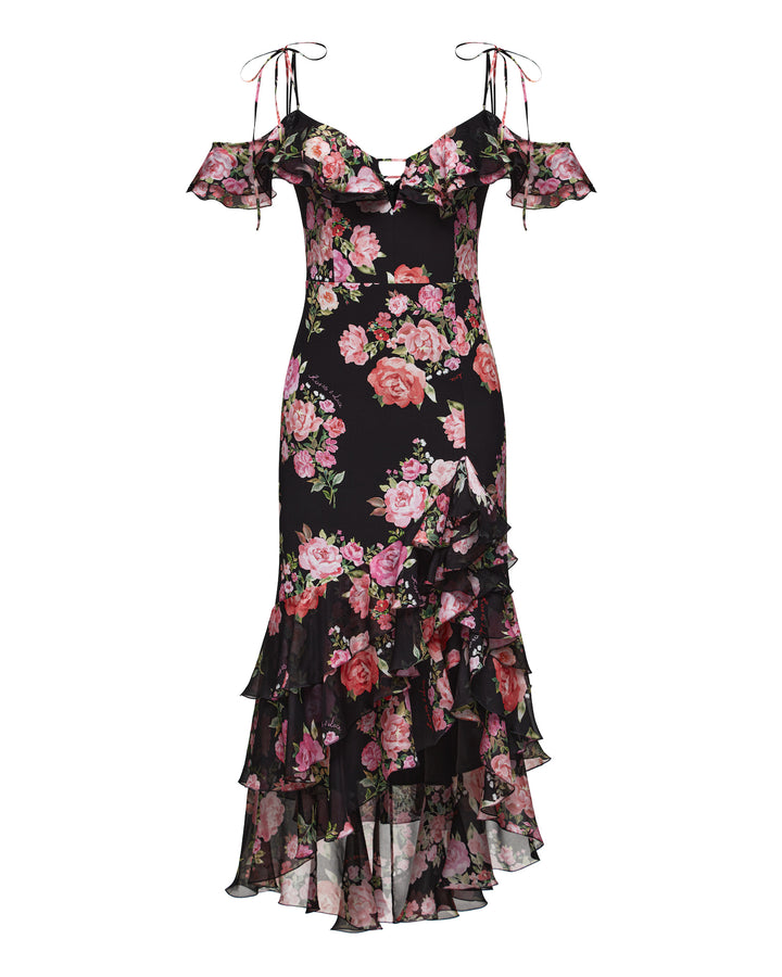 MONICA, A BLACK MAXI DRESS WITH SHORT SLEEVES AND RUFFLES, ADORNED WITH MEDIUM-SIZED PINK FLOWERS