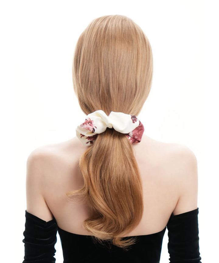 BRUNA, MILKY WHITE SATIN HAIR TIE WITH BURGUNDY FLOWERS