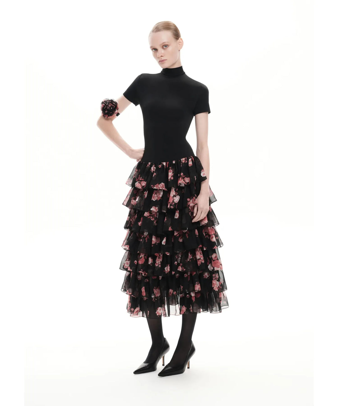 GRACE, MIDI DRESS WITH BLACK CHIFFON SKIRT WITH BIG BURGUNDY FLOWERS