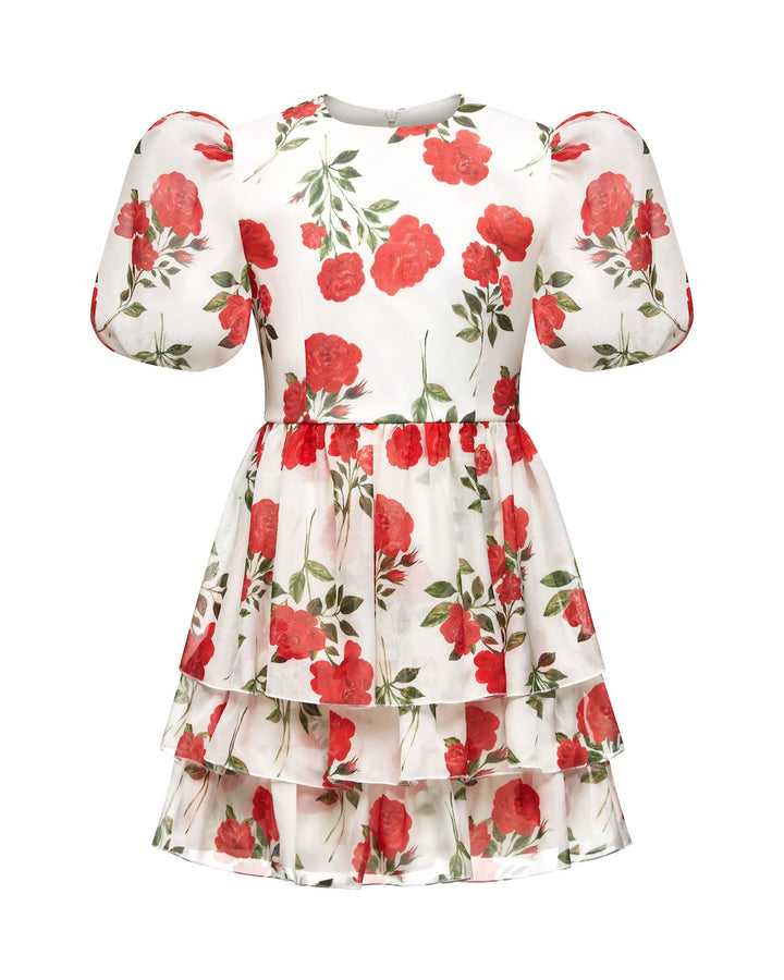 FIFI, A CHILDREN'S DRESS IN CREAMY WHITE WITH MEDIUM-SIZED RED FLOWERS