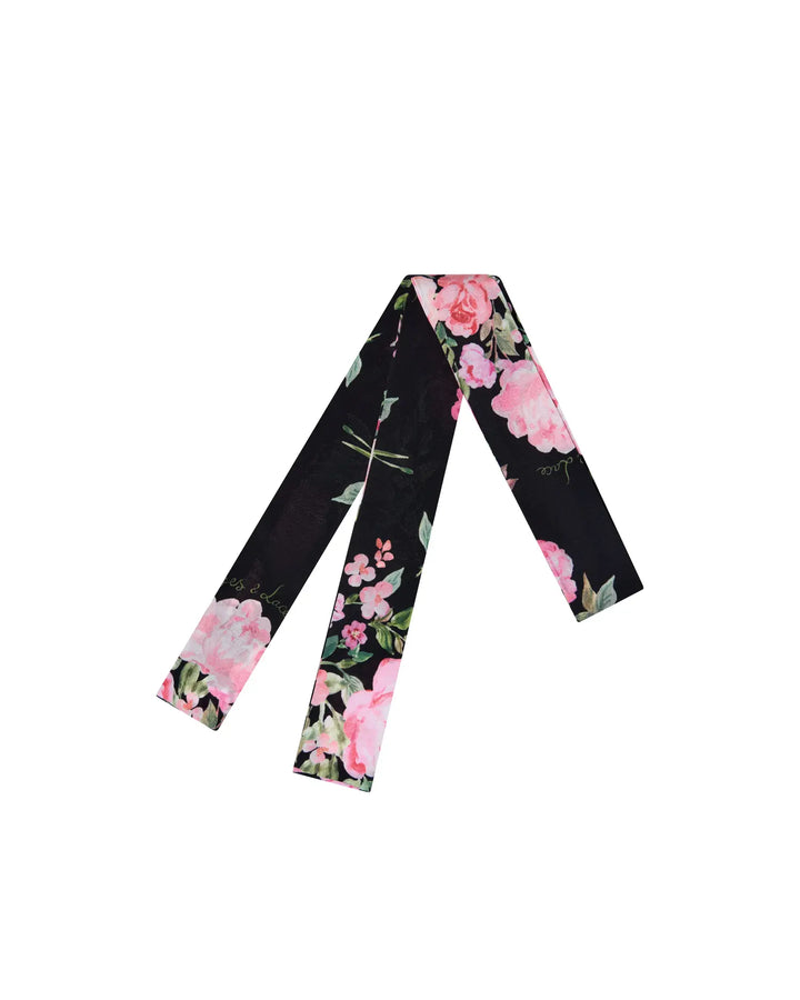 LUANA, BLACK RIBBON WITH MEDIUM-SIZED PINK FLOWERS