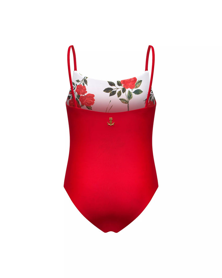 LETTA, REVERSIBLE ONE-PIECE CHILDREN'S SWIMSUIT, MILKY WHITE WITH MEDIUM RED FLOWERS / RED