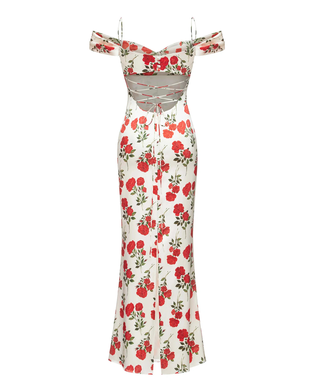 MARLEN, AN MILK WHITE MAXI DRESS WITH SHORT SLEEVES, ADORNED WITH MEDIUM-SIZED RED FLOWERS