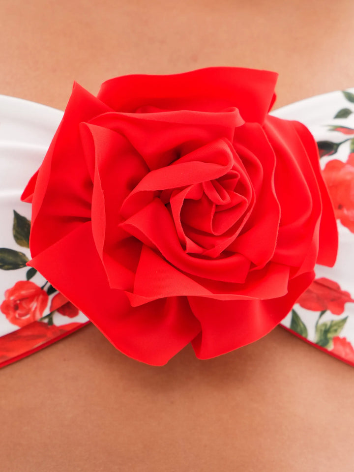 ROSEMARY, REVERSIBLE SWIMSUIT: BANDEAU TOP WITH A ROSE AND TIE-SIDE BIKINI BOTTOMS, MILKY WHITE WITH MEDIUM RED FLOWERS / RED