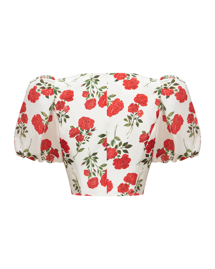 CHANELLE, CROPPED JACKET WITH PUFF SLEEVES, MILKY WHITE WITH MEDIUM RED FLOWERS