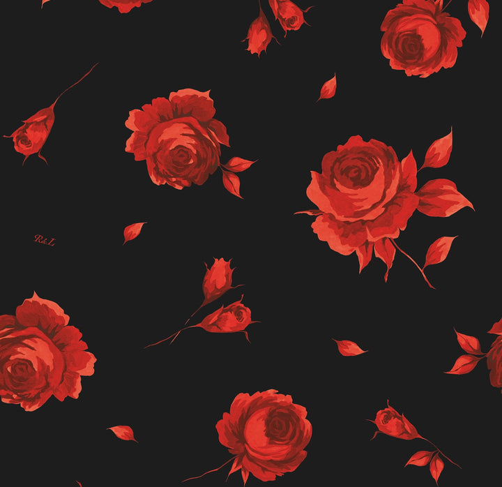 Bruna, hair tie made of black satin with red flowers