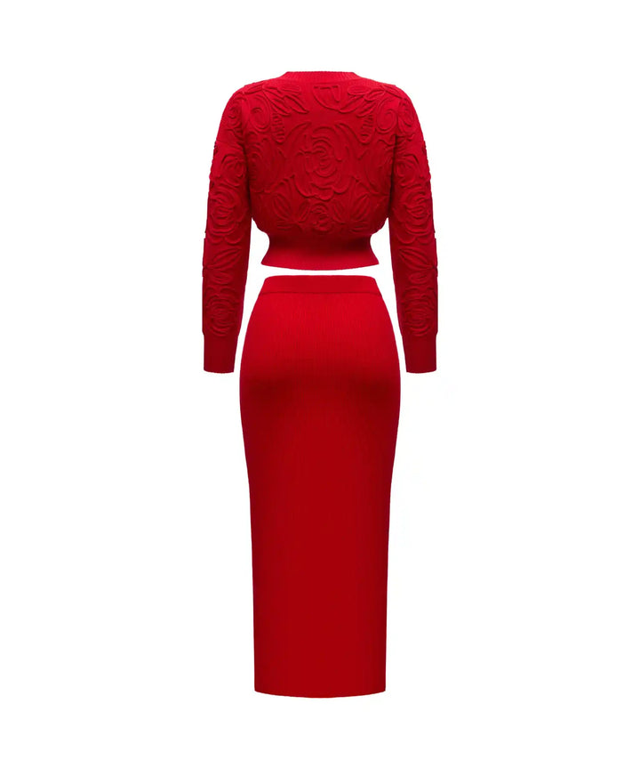 MARYL-DONNA, KNITTED SET, SWEATER AND SKIRT MADE OF RED COTTON