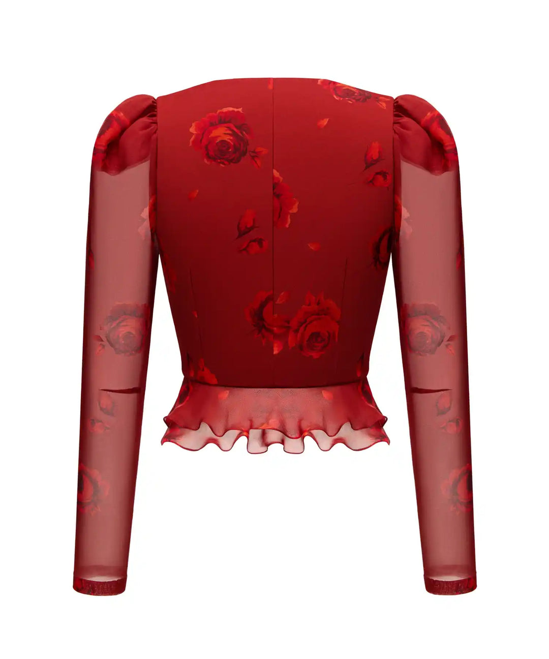 CAROLINE, BLOUSE MADE OF BURGUNDY CHIFFON WITH RED FLOWERS