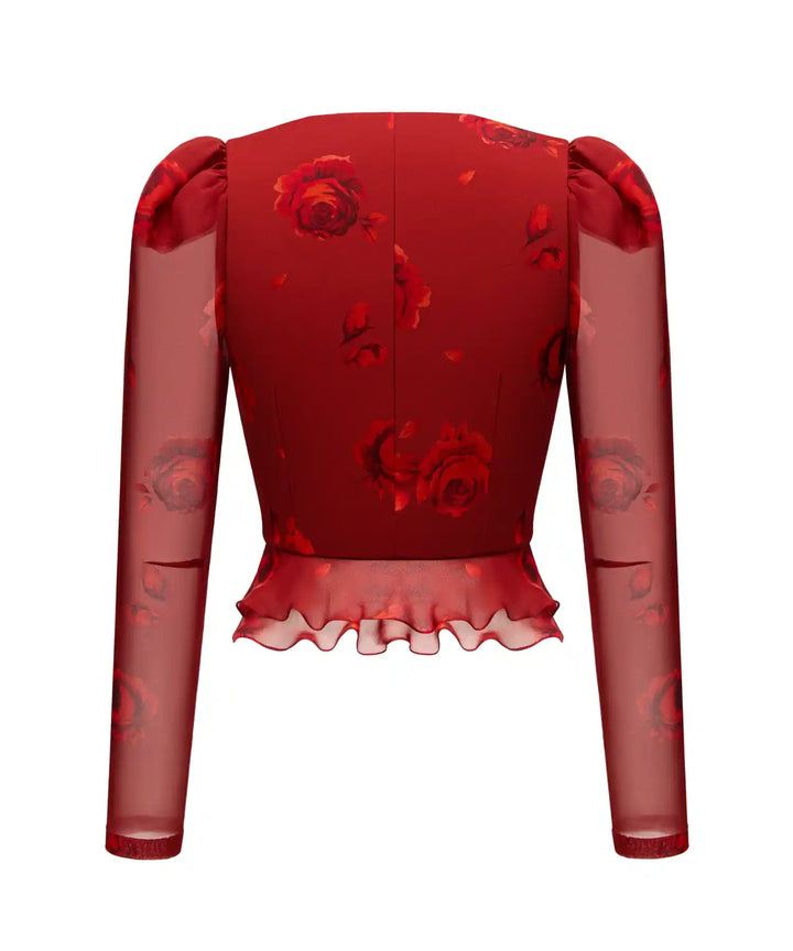 CAROLINE, BLOUSE MADE OF BURGUNDY CHIFFON WITH RED FLOWERS