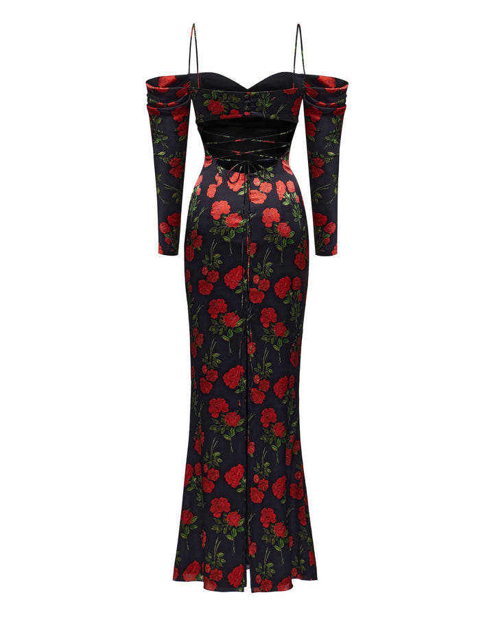 MARLEN, MAXI DRESS BLACK WITH RED ROSE PRINT