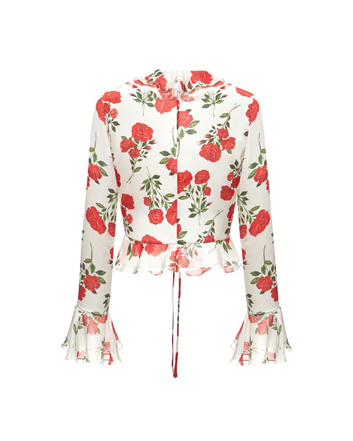 ROXANNA, BLOUSE WITH SLEEVES AND RUFFLES, MILKY WHITE WITH MEDIUM RED FLOWERS