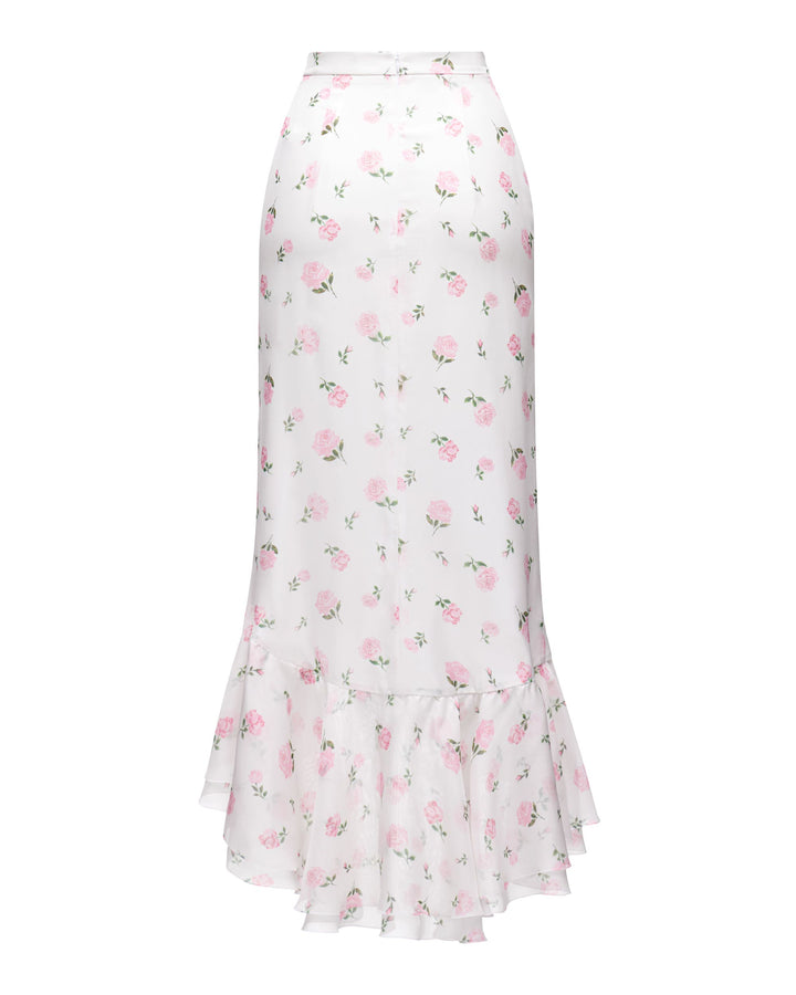 CARMEN, MIDI SKIRT MILKY WITH PINK ROSE PRINT