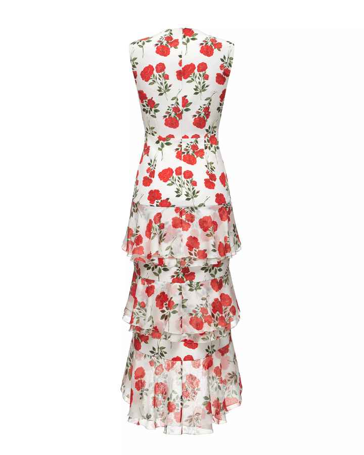 BEATA, A MIDI DRESS IN A CREAMY MILK   WITH DELICATE CRIMSON BLOSSOMS