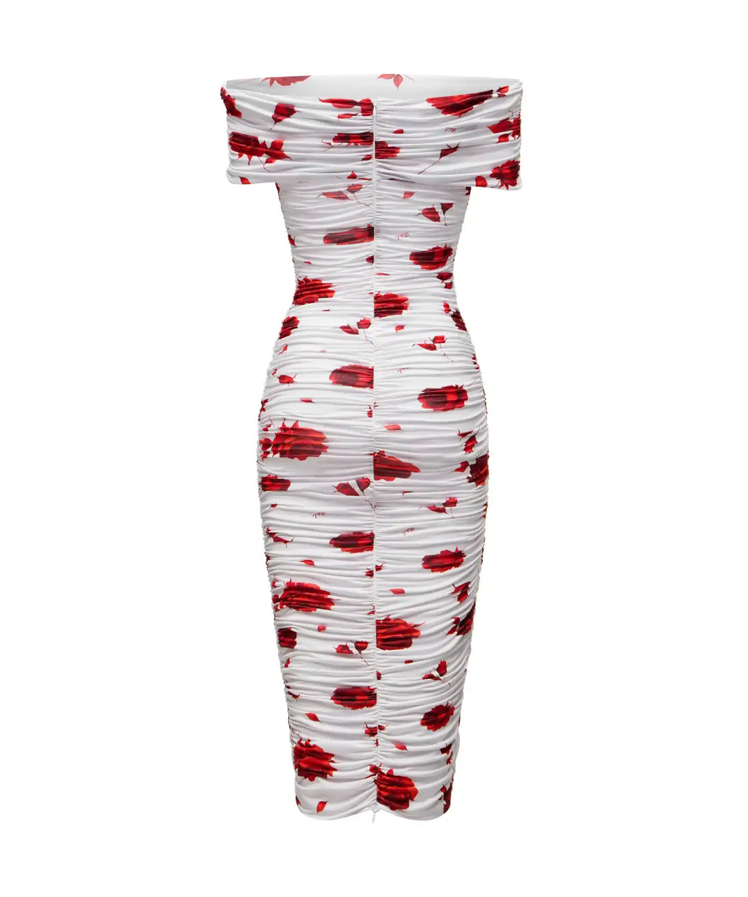 IREN, MIDI DRESS MADE OF IVORY BIFLEX WITH RED FLOWERS