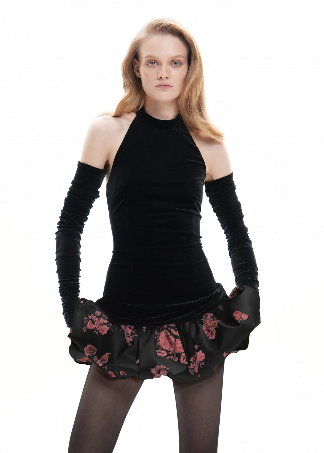 NIKA, BLACK LACE MINI DRESS WITH BURGUNDY FLOWERS