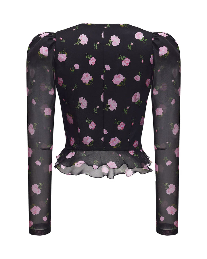 CAROLINA, BLOUSE BLACK WITH PINK ROSE PRINT