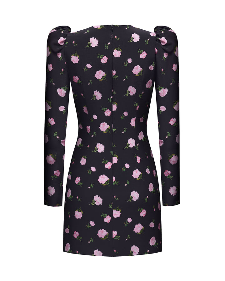 DIFINA, MINI DRESS BLACK WITH PINK ROSE PRINT