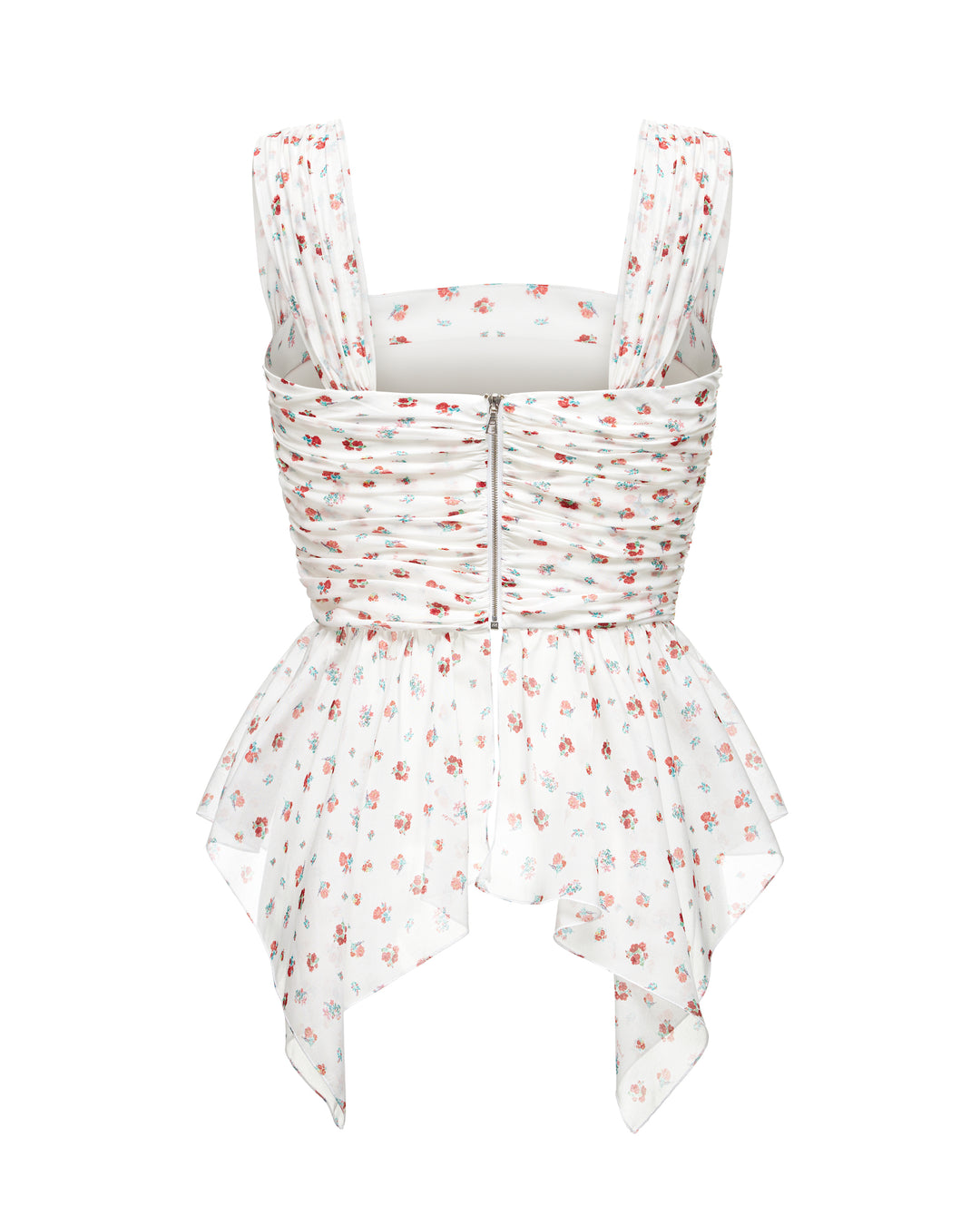 JEAN CORSET TOP WITH ASYMMETRICAL PEPLUM, MILKY WHITE WITH DELICATE RED BLOSSOMS