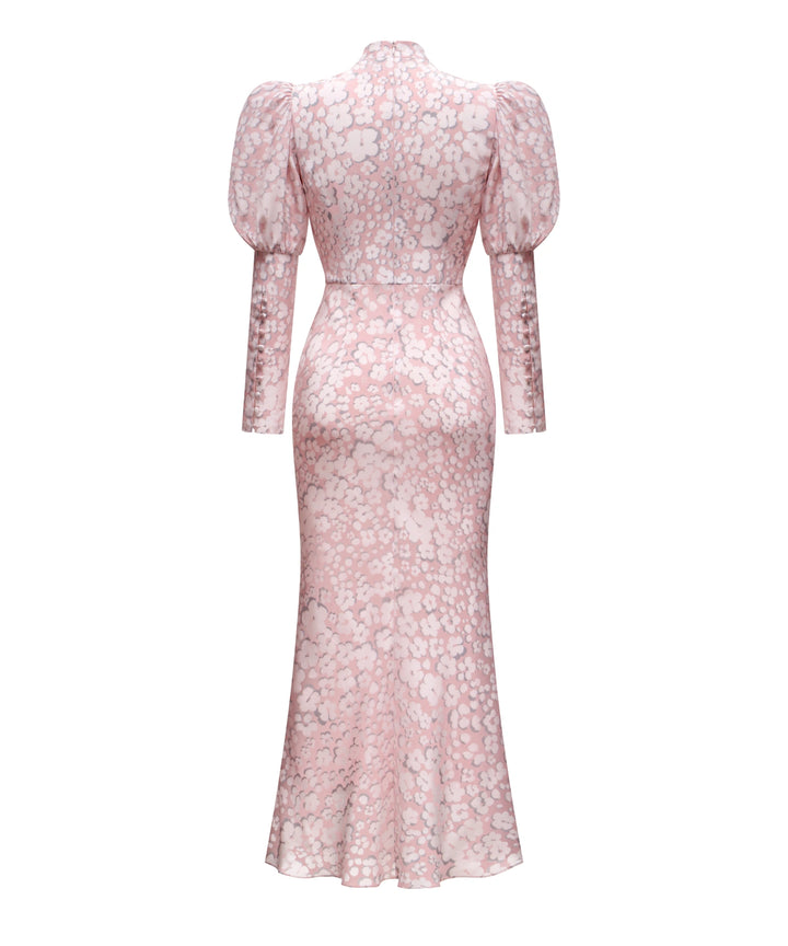 GIANNETTA, PINK CREPE DE CHINE MIDI DRESS WITH MEDIUM MILKY FLOWERS