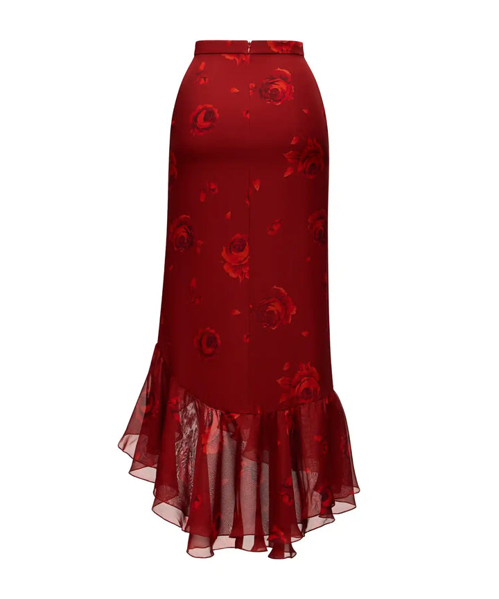 CARMEN, MIDI SKIRT MADE OF BURGUNDY CHIFFON WITH RED FLOWERS