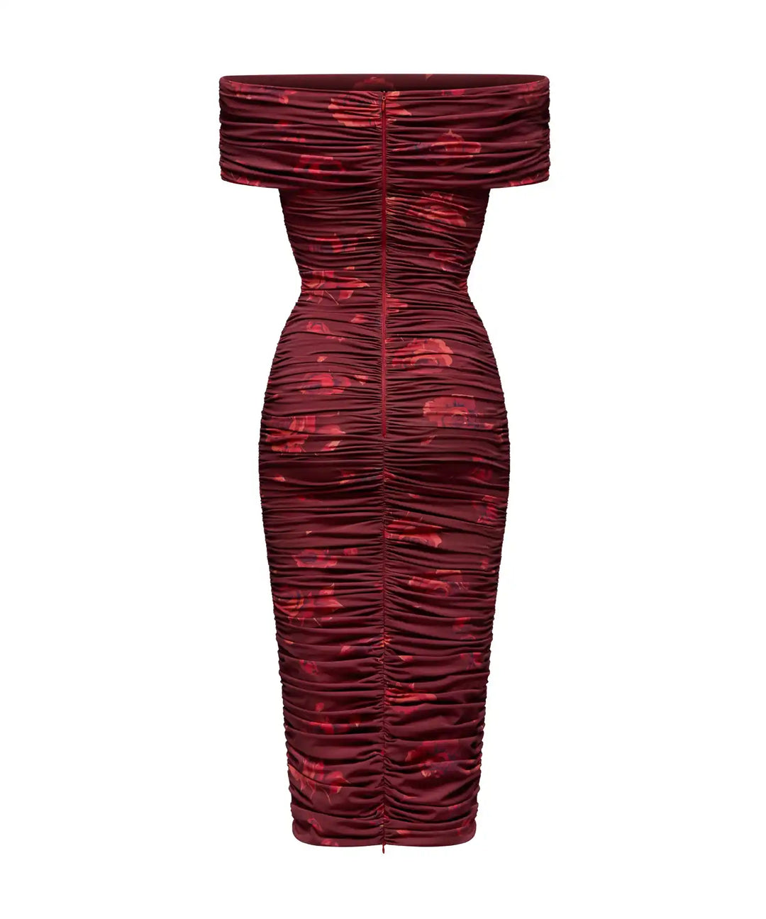 IREN, MIDI DRESS MADE OF BURGUNDY BIFLEX WITH LARGE RED FLOWERS