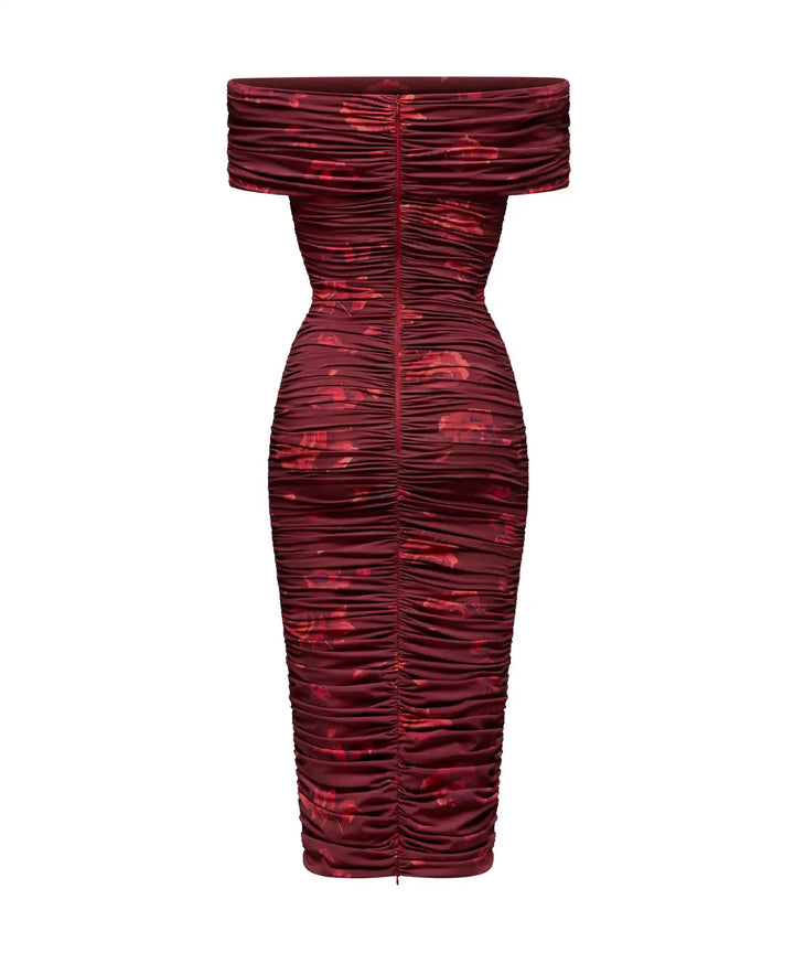 IREN, MIDI DRESS MADE OF BURGUNDY BIFLEX WITH LARGE RED FLOWERS