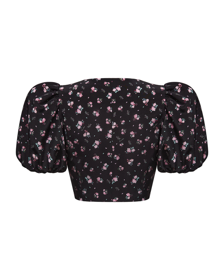 CHANELLE, CROPPED JACKET WITH PUFF SLEEVES, BLACK WITH SMALL RASPBERRY FLOWERS