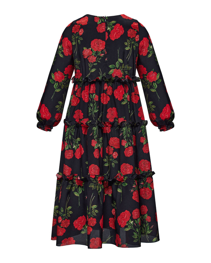 ALISA, CHILDREN’S DRESS BLACK WITH RED ROSE PRINT