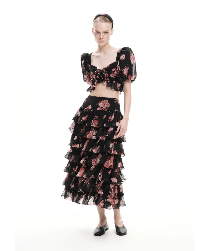 CARMELITA, BLACK CHIFFON MIDI SKIRT  WITH BURGUNDY FLOWERS