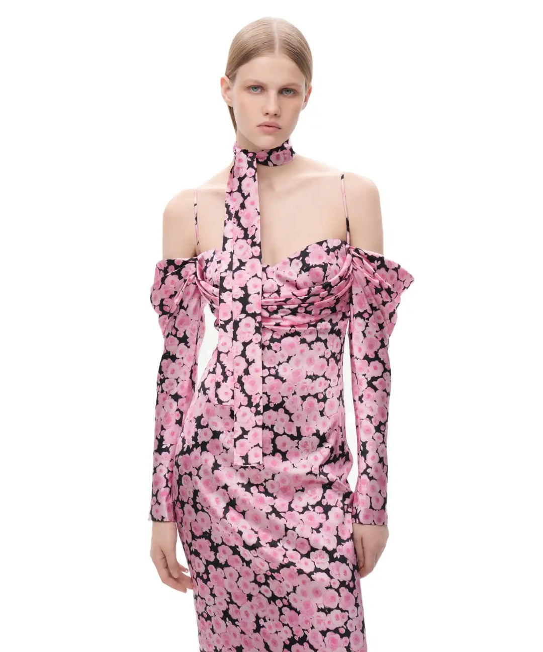 Luana, black crepe de chine ribbon with medium pink flowers
