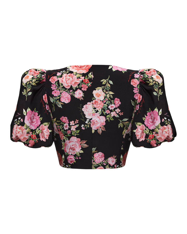 CHANELLE, CROPPED JACKET WITH PUFF SLEEVES, BLACK WITH MEDIUM PINK FLOWERS