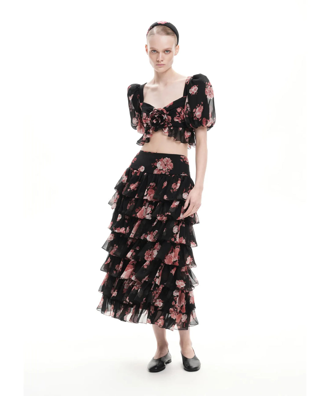 MELISA, BLACK CHIFFON CROP TOP WITH LARGE BURGUNDY FLOWERS