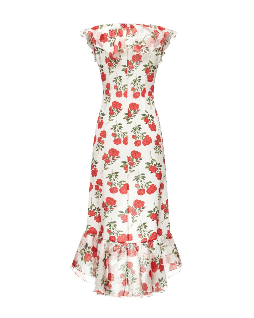 ANNA, A SILK BEACH MIDI DRESS WITH RUFFLES, IN CREAMY WHITE ADORNED WITH DELICATE RED FLOWERS