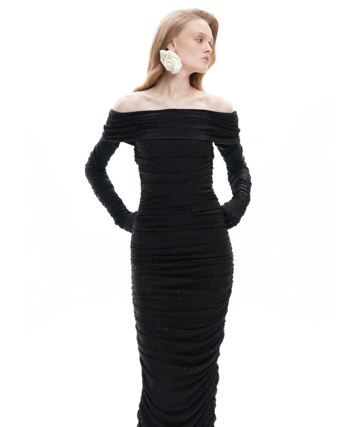 IREN, BLACK BIFLEX MIDI DRESS WITH RHINESTONES