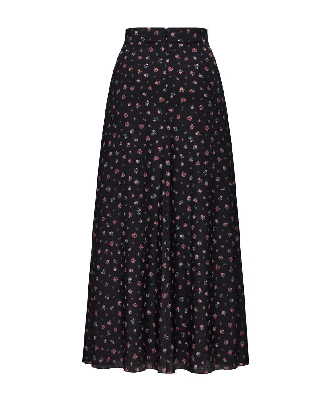 OLIVIA, BLACK CREPE DE CHINE MIDI SKIRT WITH SMALL RED FLOWERS