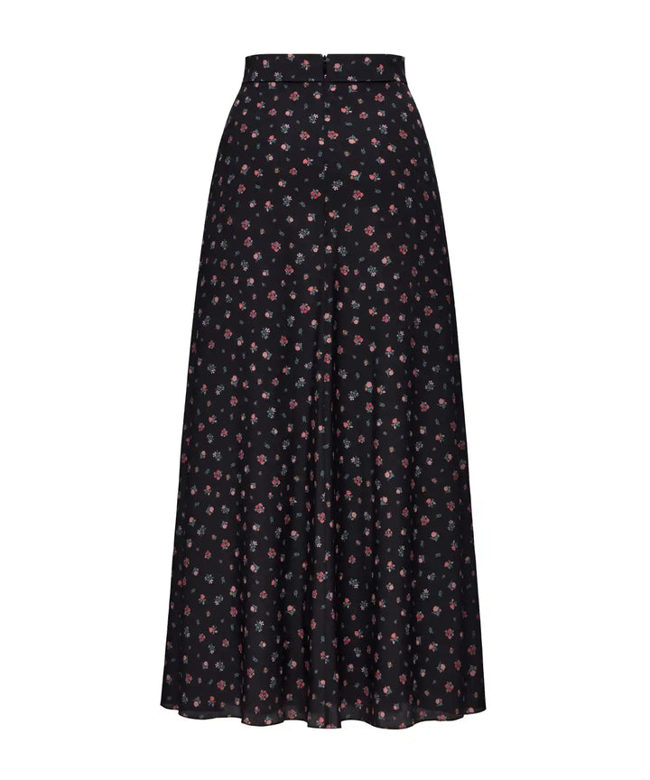 OLIVIA, BLACK CREPE DE CHINE MIDI SKIRT WITH SMALL RED FLOWERS