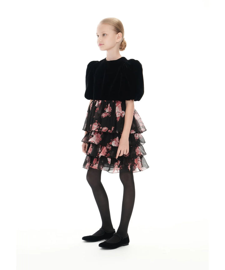 FIFI, BLACK CHIFFON CHILDREN DRESS WITH BURGUNDY FLOWERS