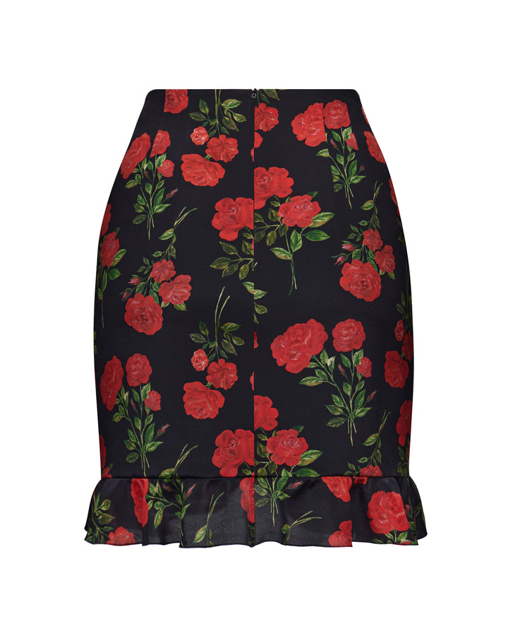 MONA, MINI SKIRT BLACK WITH RED ROSE PRINT