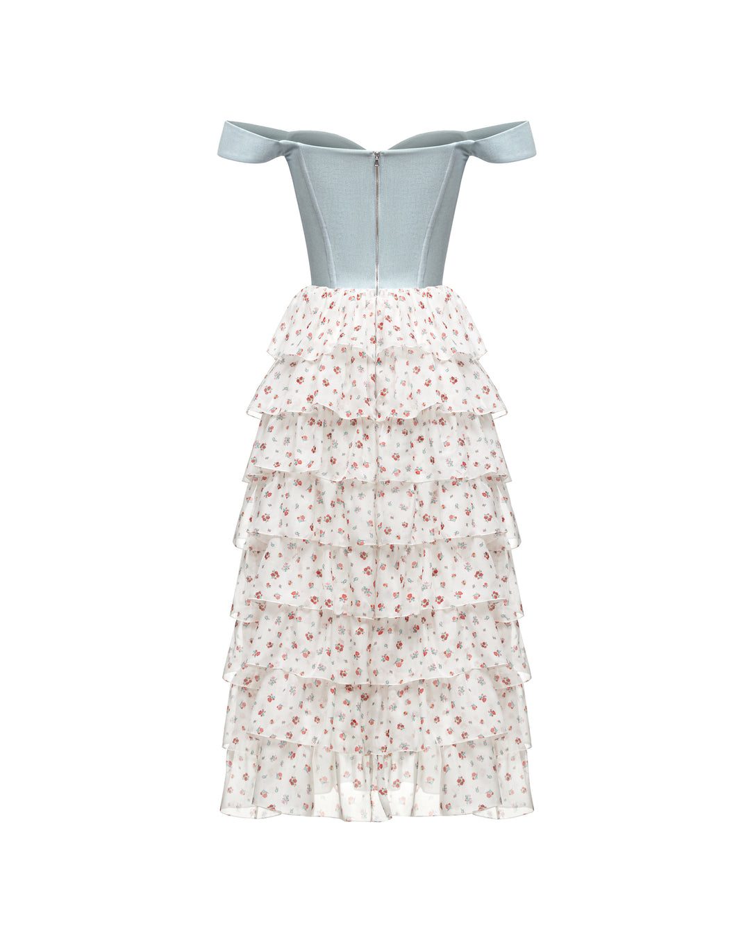 LISEN, A CORSET MIDI DRESS IN CREAMY WHITE ADORNED WITH DELICATE RED FLOWERS