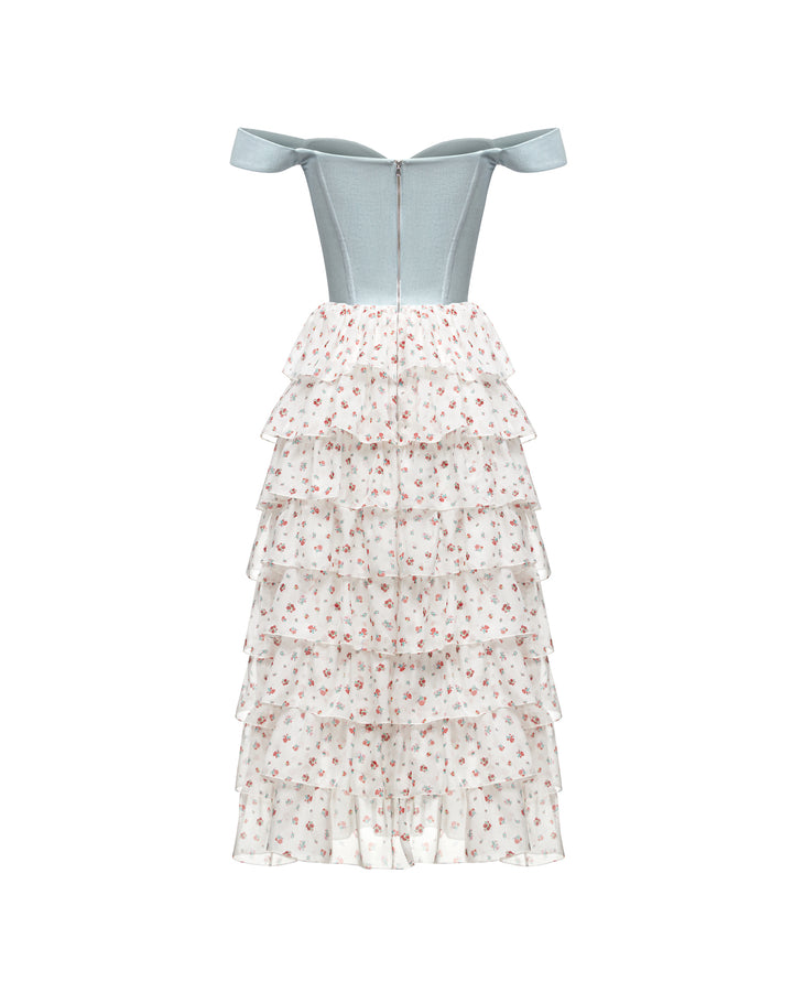 LISEN, A CORSET MIDI DRESS IN CREAMY WHITE ADORNED WITH DELICATE RED FLOWERS