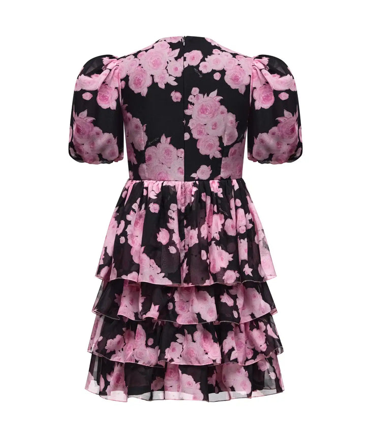 FIFI, CHILDREN DRESS BLACK CHIFFON WITH PINK FLOWERS