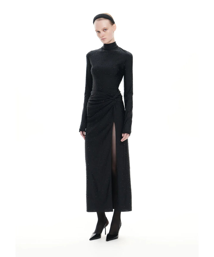 MADELINE, BLACK BIFLEX MIDI DRESS WITH RHINESTONES AND SLIT