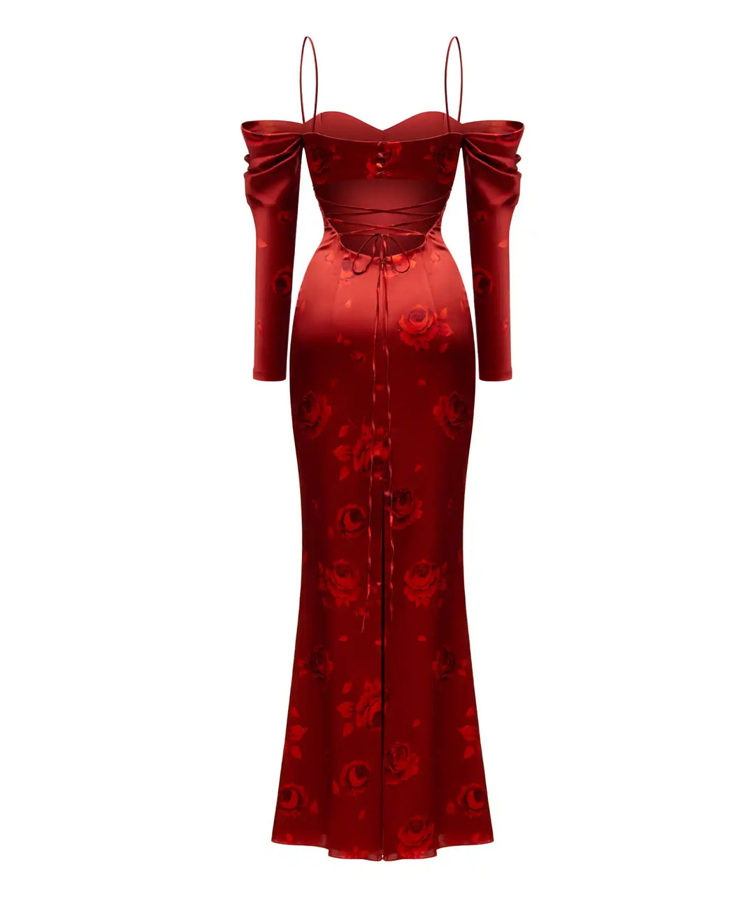 MARLEN, MAXI DRESS MADE OF BURGUNDY SATIN WITH RED FLOWERS