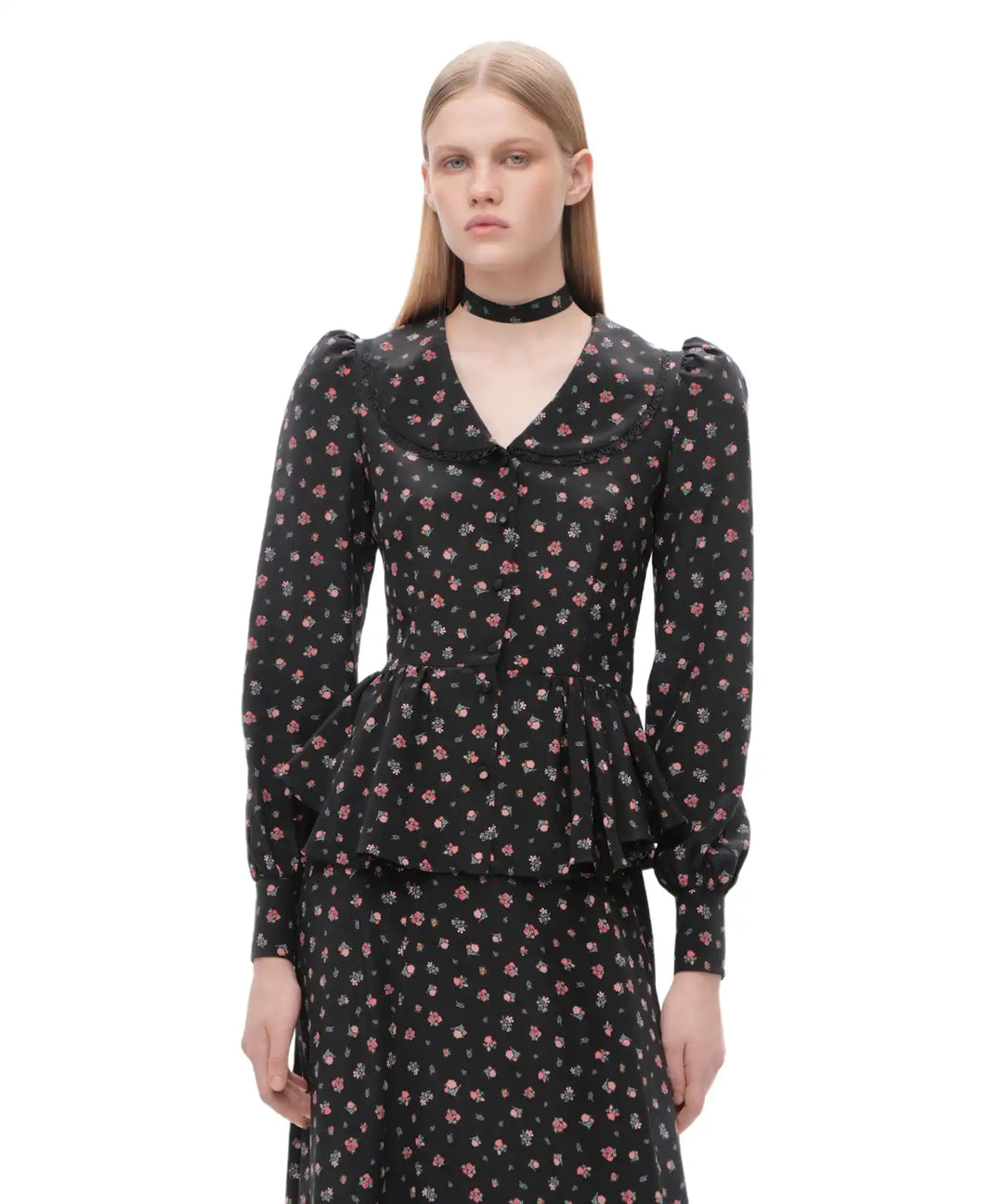 LORA, BLACK CREPE DE CHINE CHOKER WITH SMALL RED FLOWERS