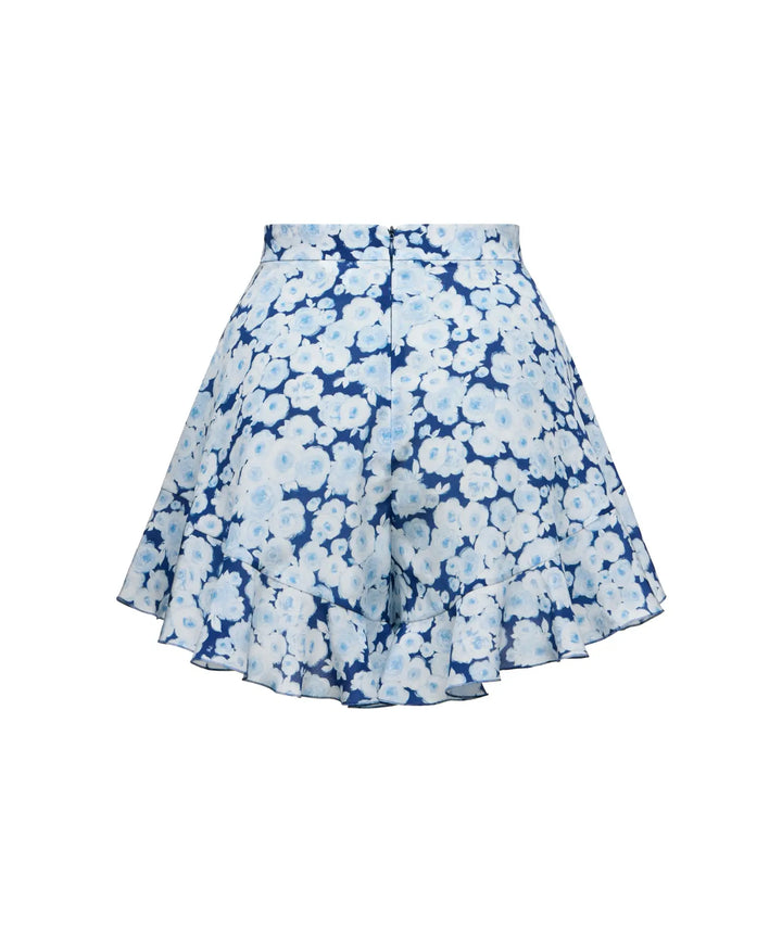 AUDRIE, MINI SHORTS WITH RUFFLES, BLUE WITH LIGHT BLUE FLOWERS