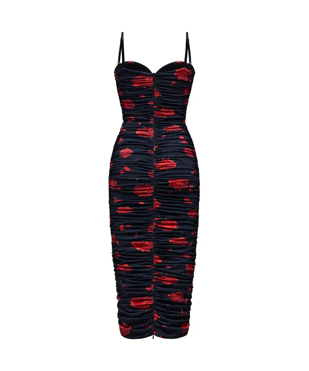 NICOLE, MIDI DRESS MADE OF BLACK BIFLEX WITH RED FLOWERS