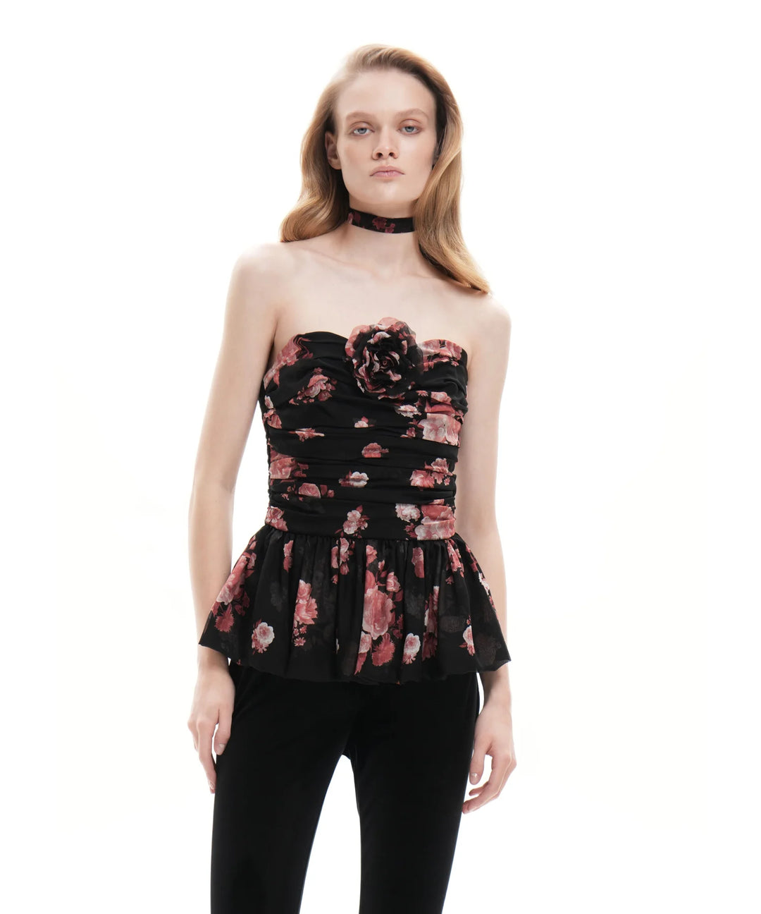 ROSALIE, BLACK CHIFFON CORSET TOP WITH LARGE BURGUNDY FLOWERS