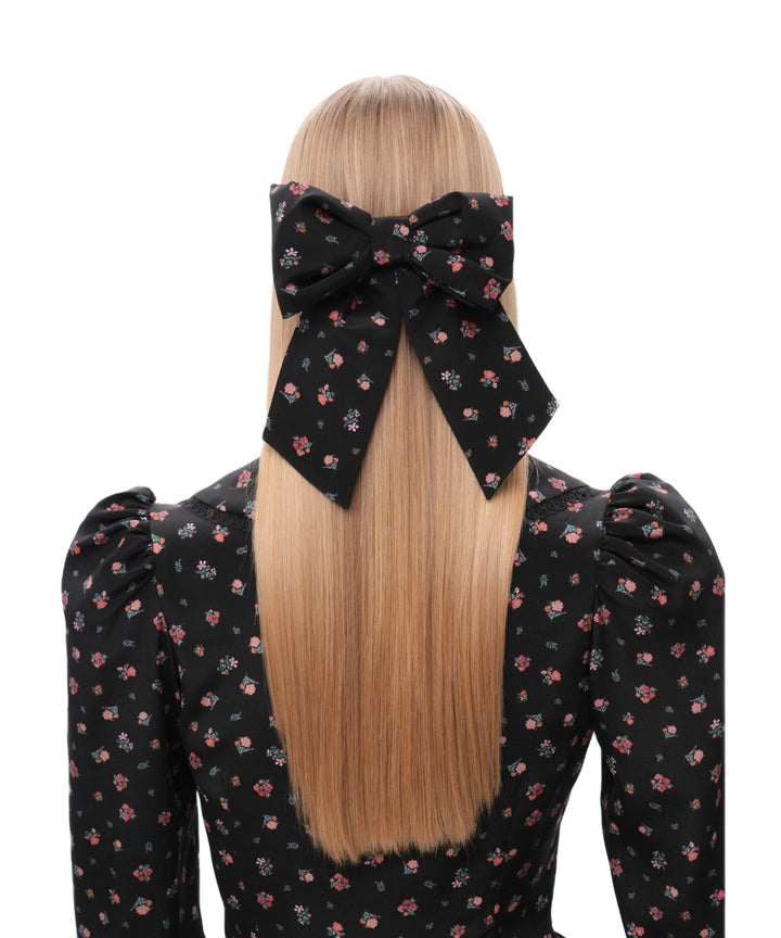 MIRELLA, BLACK CREPE DE CHINE BOW HAIR CLIP WITH SMALL RED FLOWERS