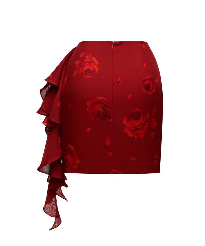 LOREEN, MINI SKIRT MADE OF BURGUNDY CHIFFON WITH RED FLOWERS